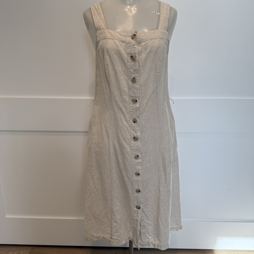 VTG Liz Claiborne Square Neck Dress Womens 8 Beige Linen Blend Cottagecore Boho